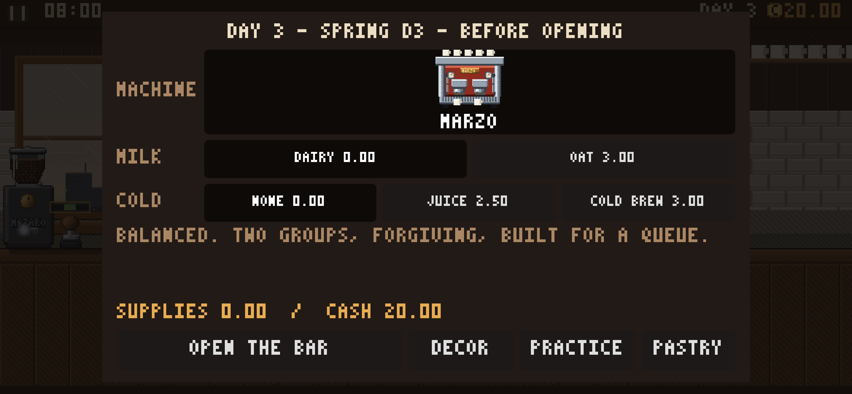 The morning screen: choosing a machine, milk and cold drinks before opening