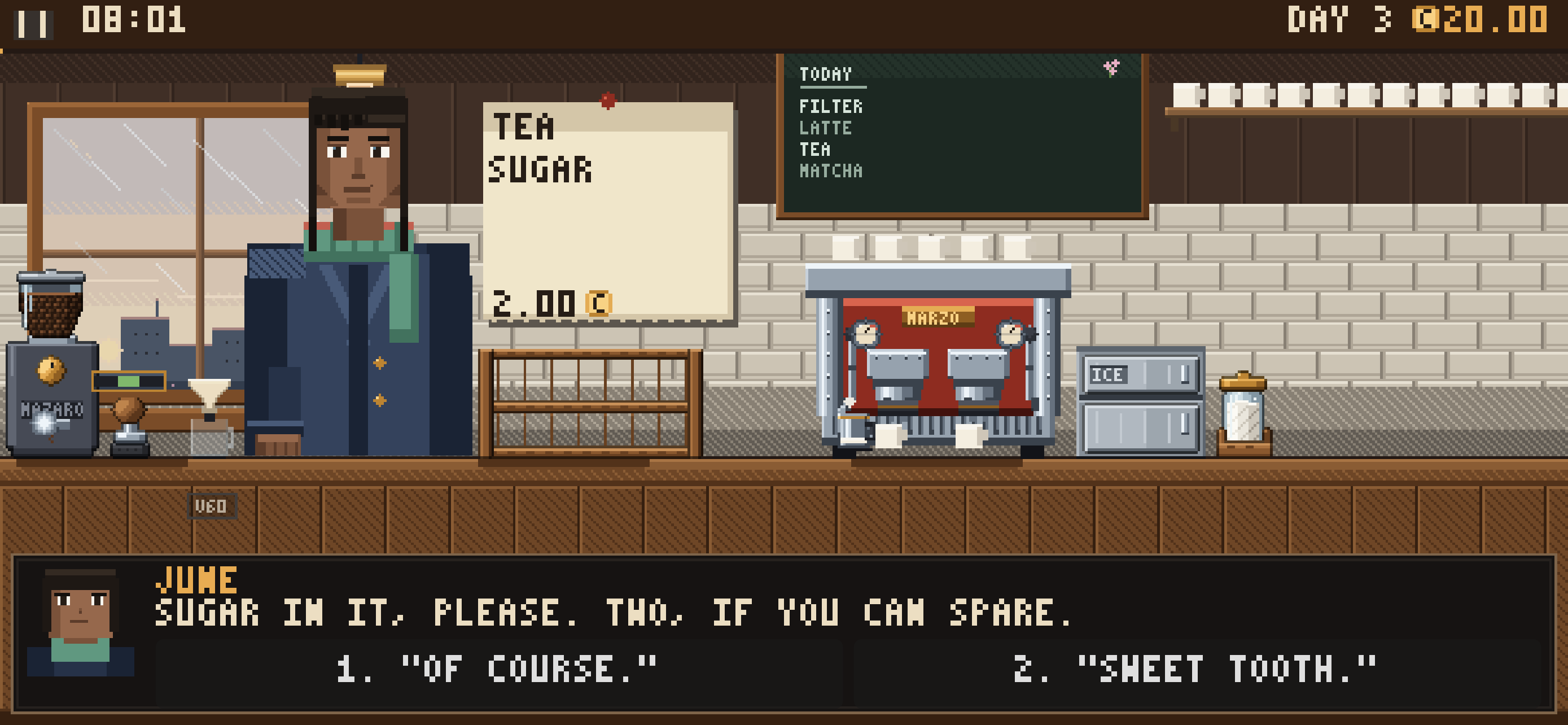 A customer named June orders a tea with sugar and talks at the counter