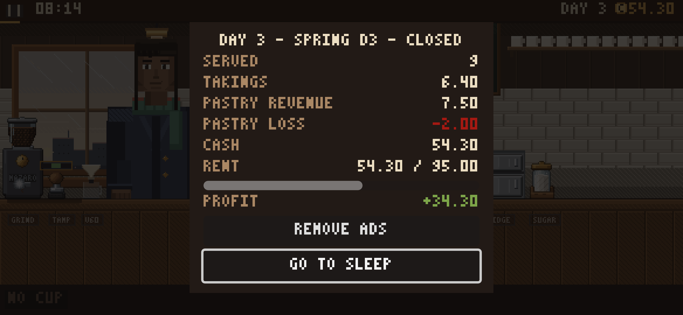 The day summary: drinks served, takings, cash and rent owed
